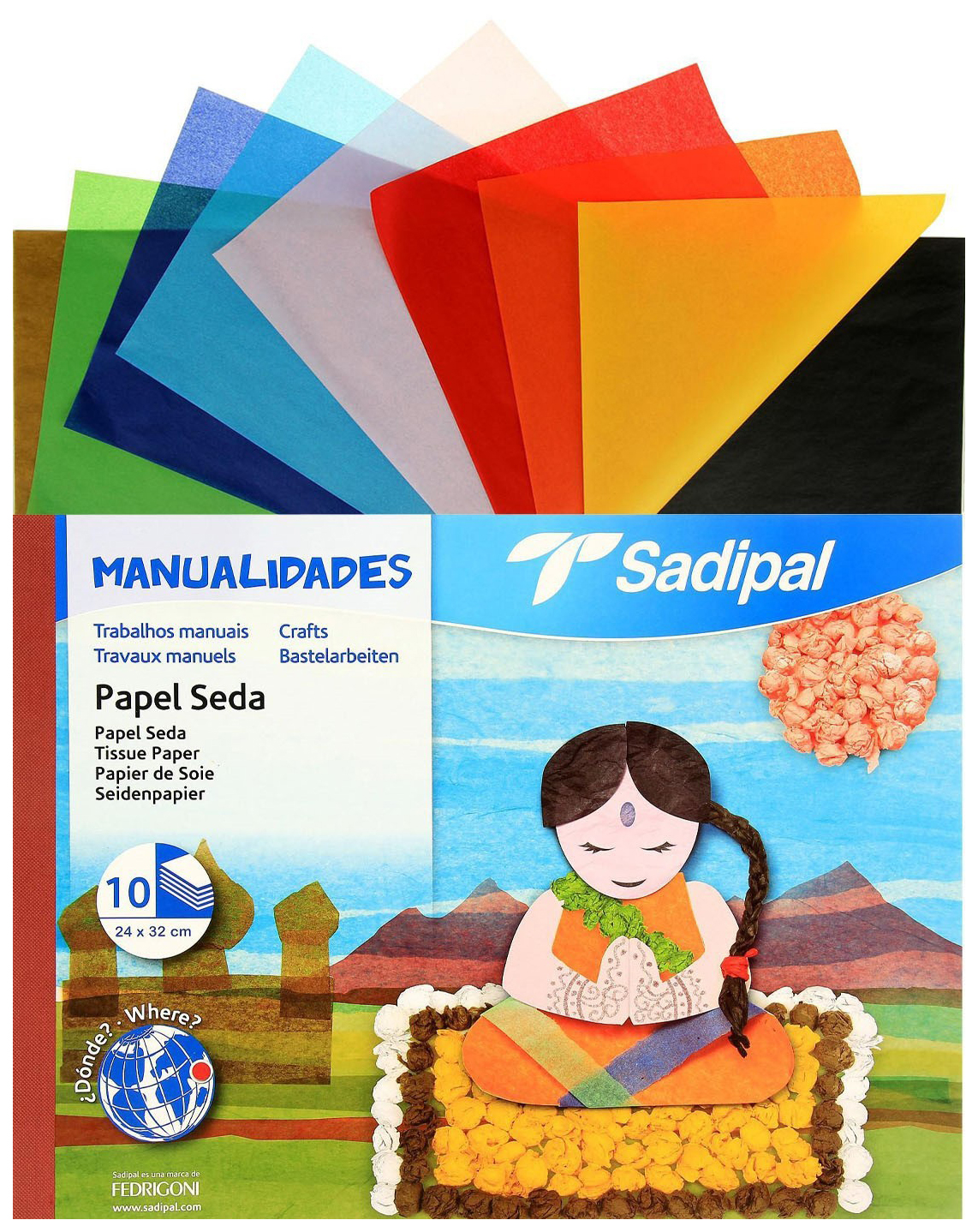 Бумага цветная тишью шёлковая А4+ Sadipal, 240 х 320 мм, набор 10 цветов, 17 г/м2