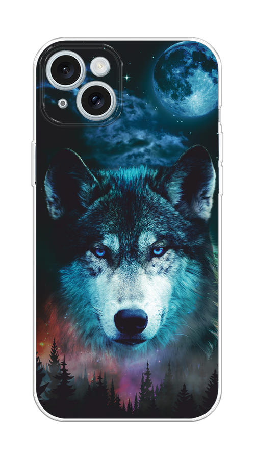 

Чехол на Apple iPhone 15 Plus "Лунный волк", Бирюзовый;розовый;синий, 15650-1