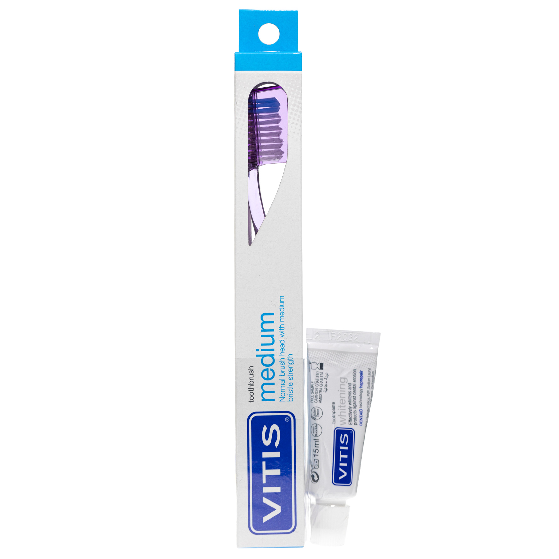 Набор Dentaid Vitis Medium: зубная щетка и паста Vitis Whitening, 15 мл зубная щетка daswerk medium soft средне мягкие набор 6 шт