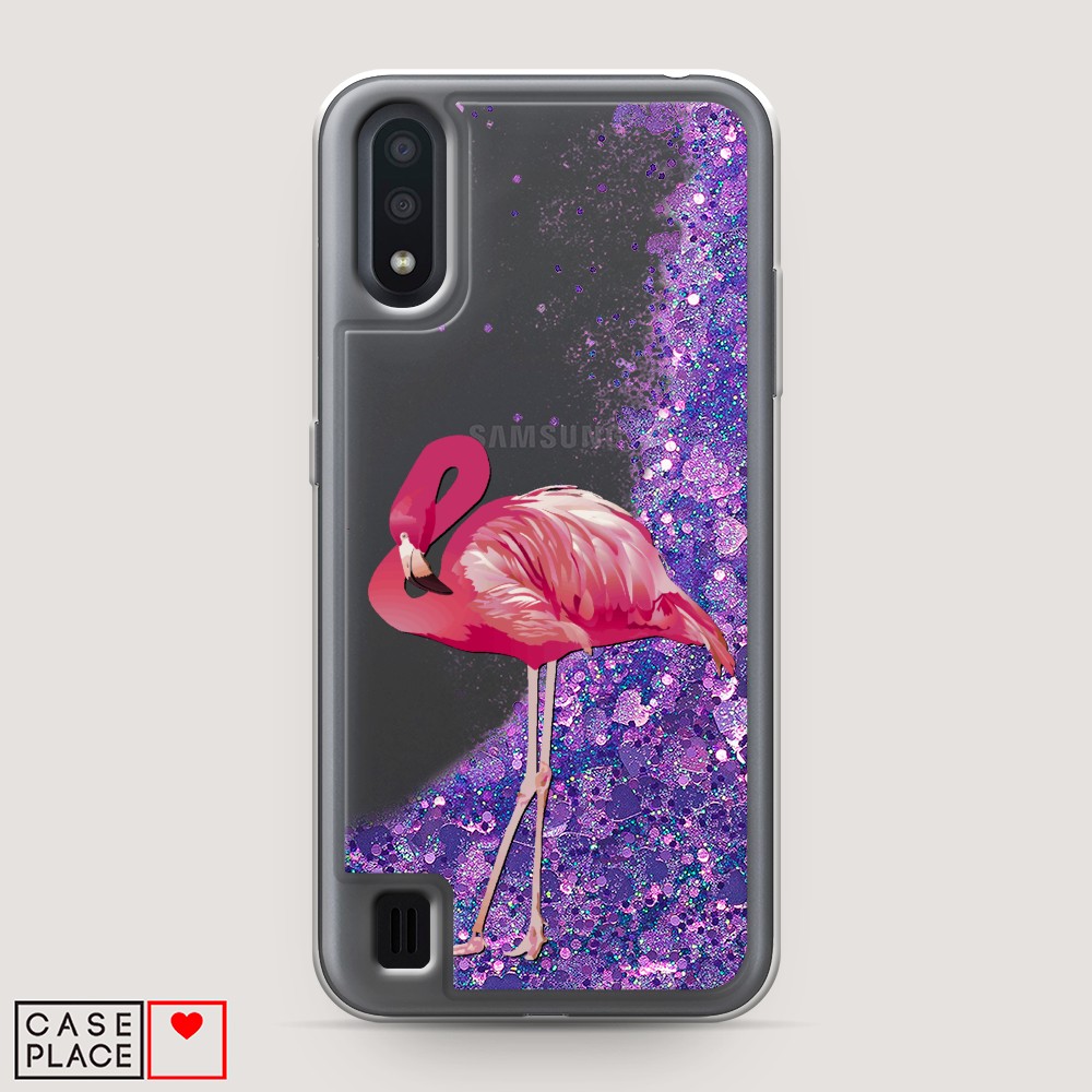

Жидкий чехол с блестками "Застенчивый фламинго" на Samsung Galaxy A01, 29592-1