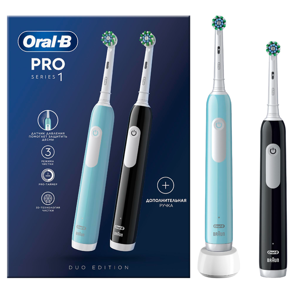 

Электрическая зубная щетка Oral-B Pro 1 DUO голубой, черный, Pro 1 DUO