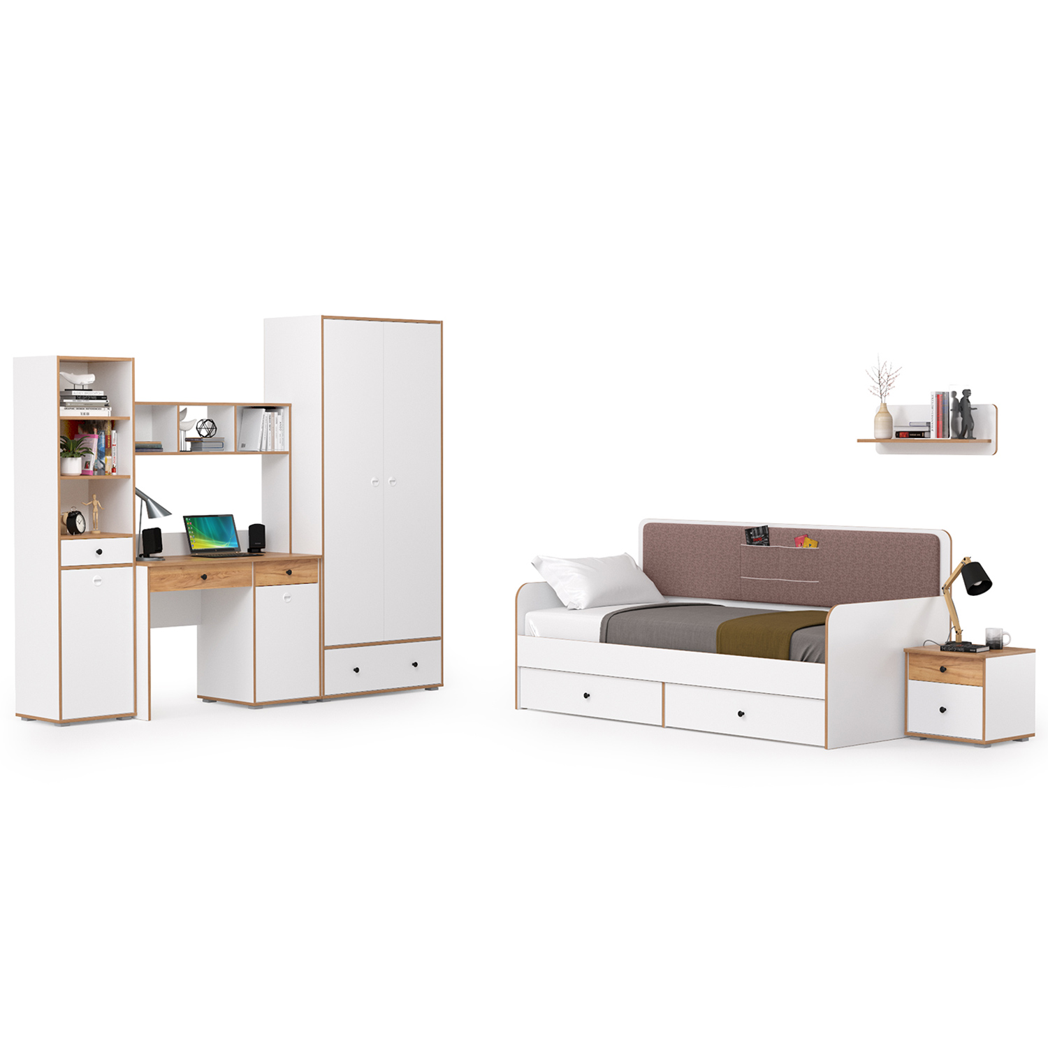 

Полный комплект мебели для молодёж. комнаты Mobi Вуди № 35 белый/дуб золотой/саванна латте, № 35