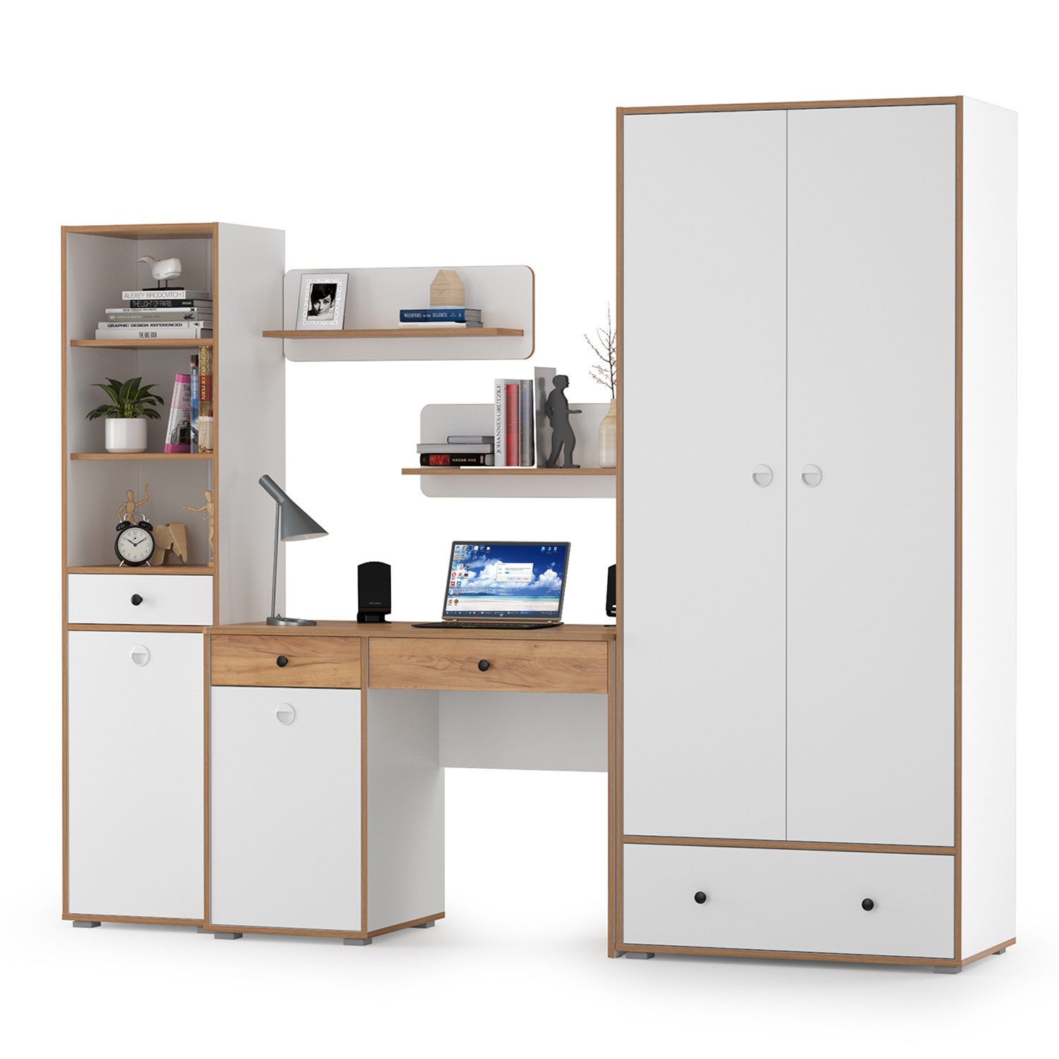 

Мебельная стенка в молодёжную комнату Mobi Вуди № 23 белый/дуб крафт золотой, 241х52,7х205, № 23