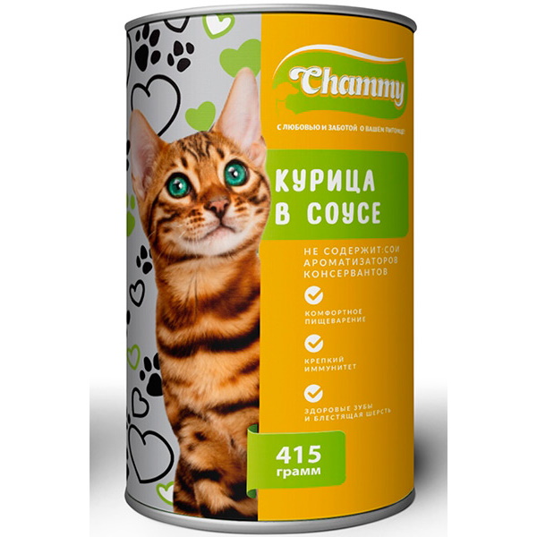 фото Консервы для кошек chammy, с курицей в соусе, 415г