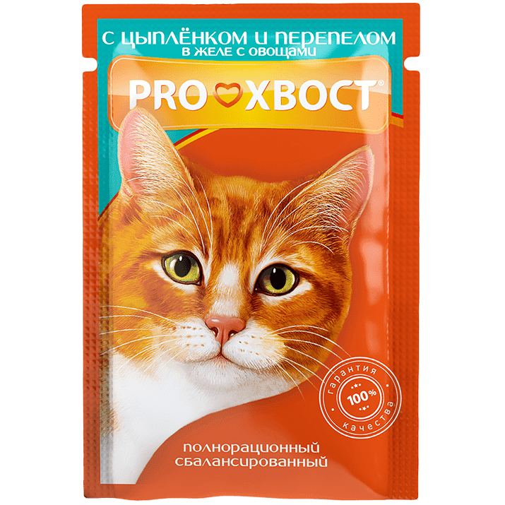 Влажный корм для кошек ProХвост, с цыпленком и перепелом в желе с овощами, 85г