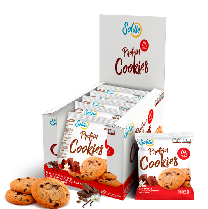 

Печенье Solvie Protein Cookies 10 50 г, 10 шт., ванильное с шоколадными чипсами, Protein Cookies 10