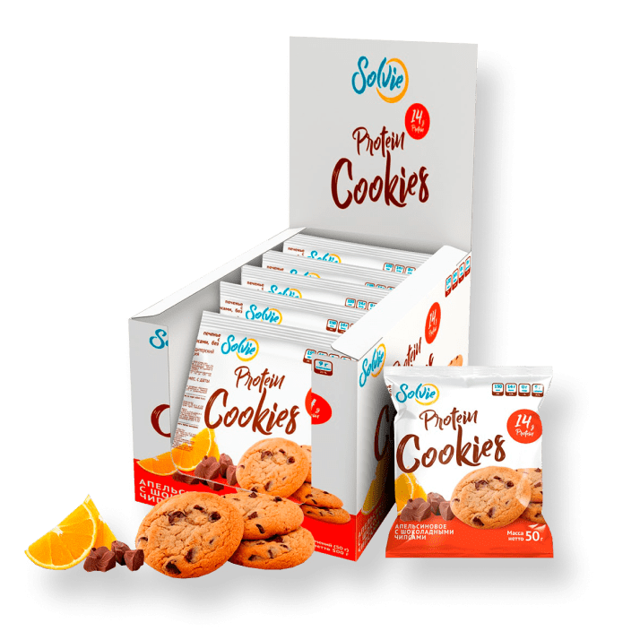 фото Печенье solvie protein cookies 10 50 г, 10 шт., апельсиновое с шоколадными чипсами