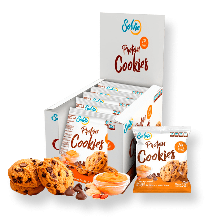 фото Печенье solvie protein cookies 10 50 г, 10 шт., арахисовая паста и шоколадные чипсы