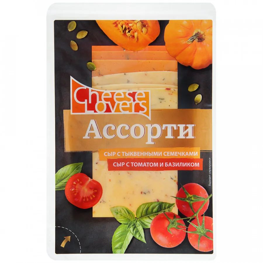

Сыр полутвердый Cheese Lovers с томатом базиликом и тыквенными семечками ломтики 50% 150 г