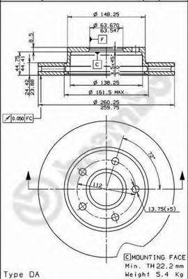 

Диск тормозной передний 260mm вентилируемый
