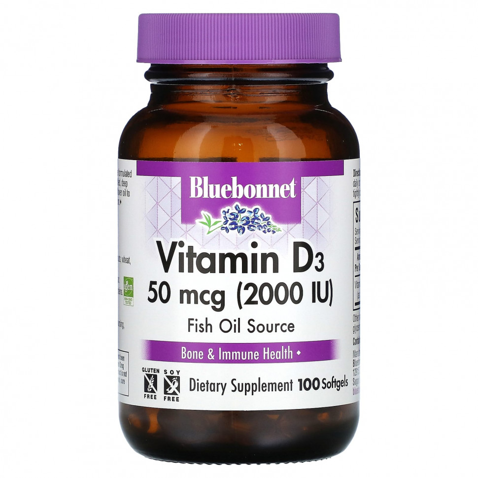

Витамин D3, Bluebonnet Nutrition, 50 мкг, 2000 МЕ, 100 мягких таблеток