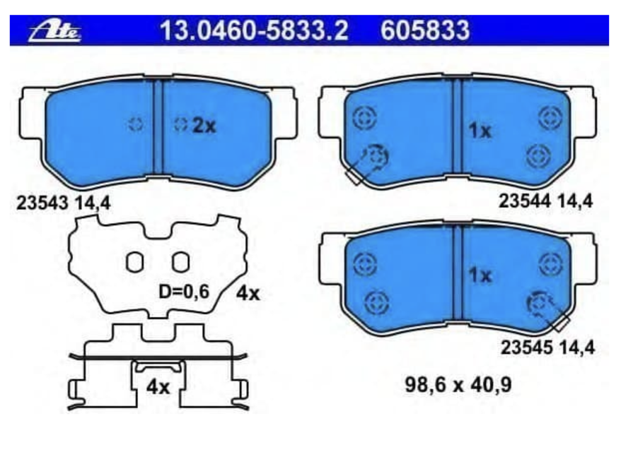 

Колодки дисковые задн, HYUNDAI: ELANTRA 1.6 CRDi 00-06, ELANTRA седан 1.6 CVVT, ATE 13.0460-5833.2