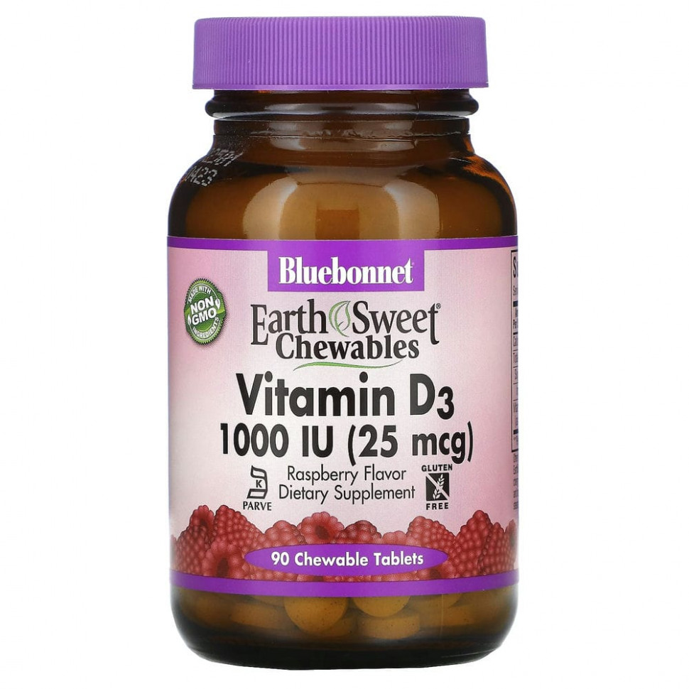 

Витамин D3, Bluebonnet Nutrition, со вкусом малины, 25 мкг, 1000 МЕ, 90 шт