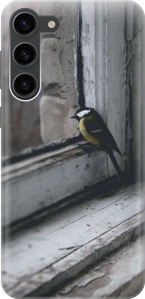 

Силиконовый чехол на Samsung Galaxy S23+ с принтом "Птичка на окне", Белый;серый, 158379