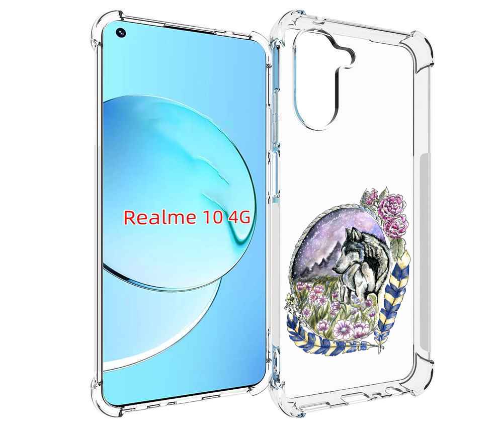 

Чехол MyPads нарисованный волк в цветах с перьями для Realme 10, Прозрачный, Tocco
