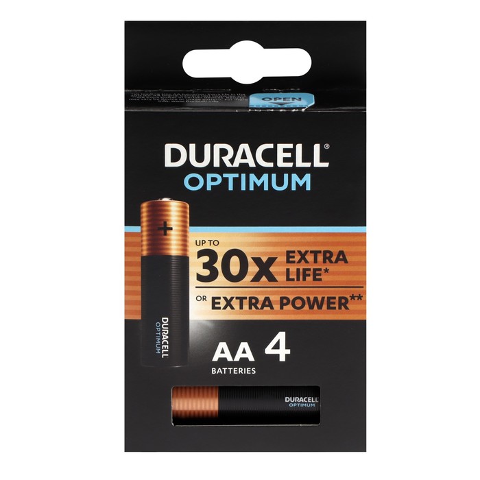 Батарейка алкалиновая Duracell OPTIMUM, AA, LR6-4BL, 1.5В, блистер, 4 шт. батарейка алкалиновая duracell optimum aaa 1 5v упаковка 4 шт б0056021 duracell б0056021