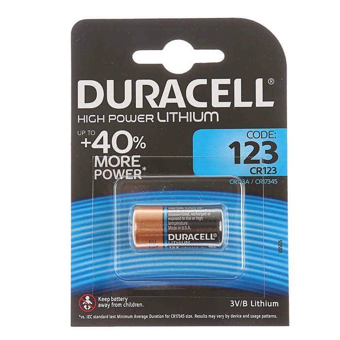 

Батарейка литиевая Duracell, CR123 (CR123A, CR17345)-1BL, для фото, 3В, блистер, 1шт.