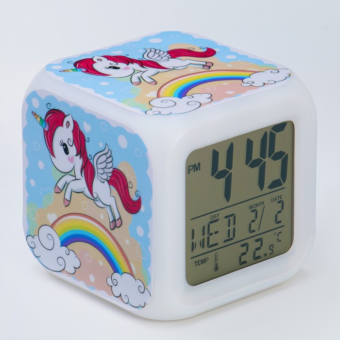 фото Часы-будильник настольные электронные единорог с подсветкой,термометр,календарь, 8х8 см nobrand