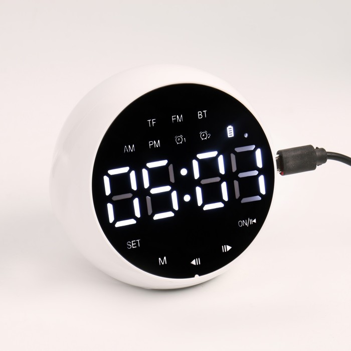фото Часы-будильник электронные, bluetooth 5.0, fm, tf карта, 2000 мач, 9 x 7.5 x 8 см, белые nobrand
