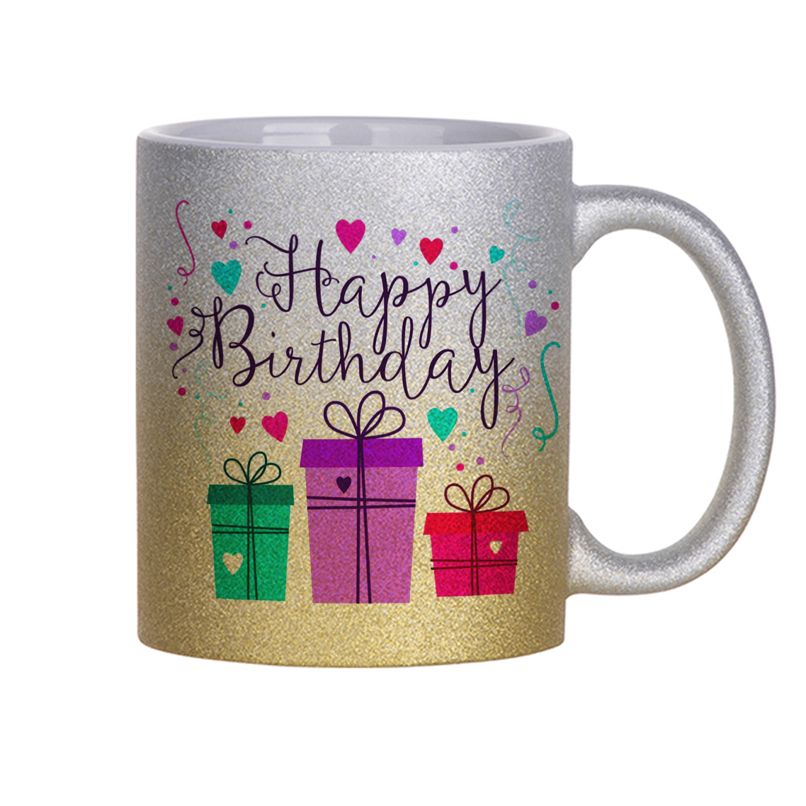 

Кружка с блестками серебряная CoolPodarok День рождение. Happy birthday подарки