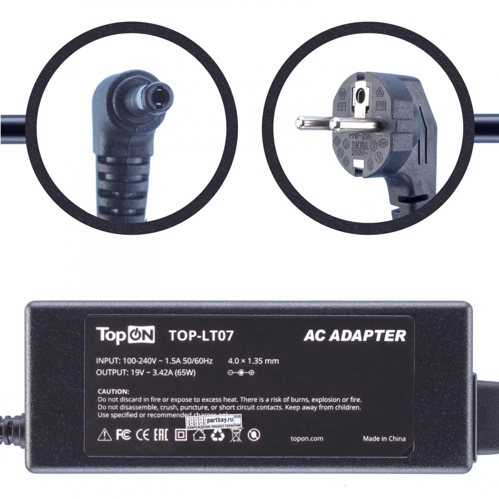 

EXA1206CH Блок питания для ноутбука Asus 19V 3.42A 4.0x1.35mm 65W TopON, Черный
