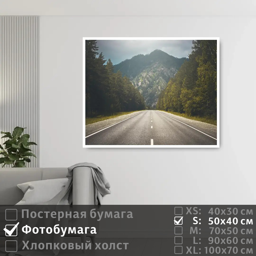 

Постер на фотобумаге ПолиЦентр Дальняя дорога в горы вдоль соснового леса 50х40 см, ДальняяДорогаВГорыВдольСосновогоЛеса