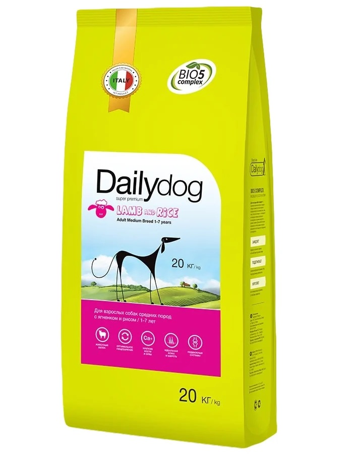 Сухой корм для собак Dailydog Adult Medium Breed, для средних пород, ягненок и рис, 20кг