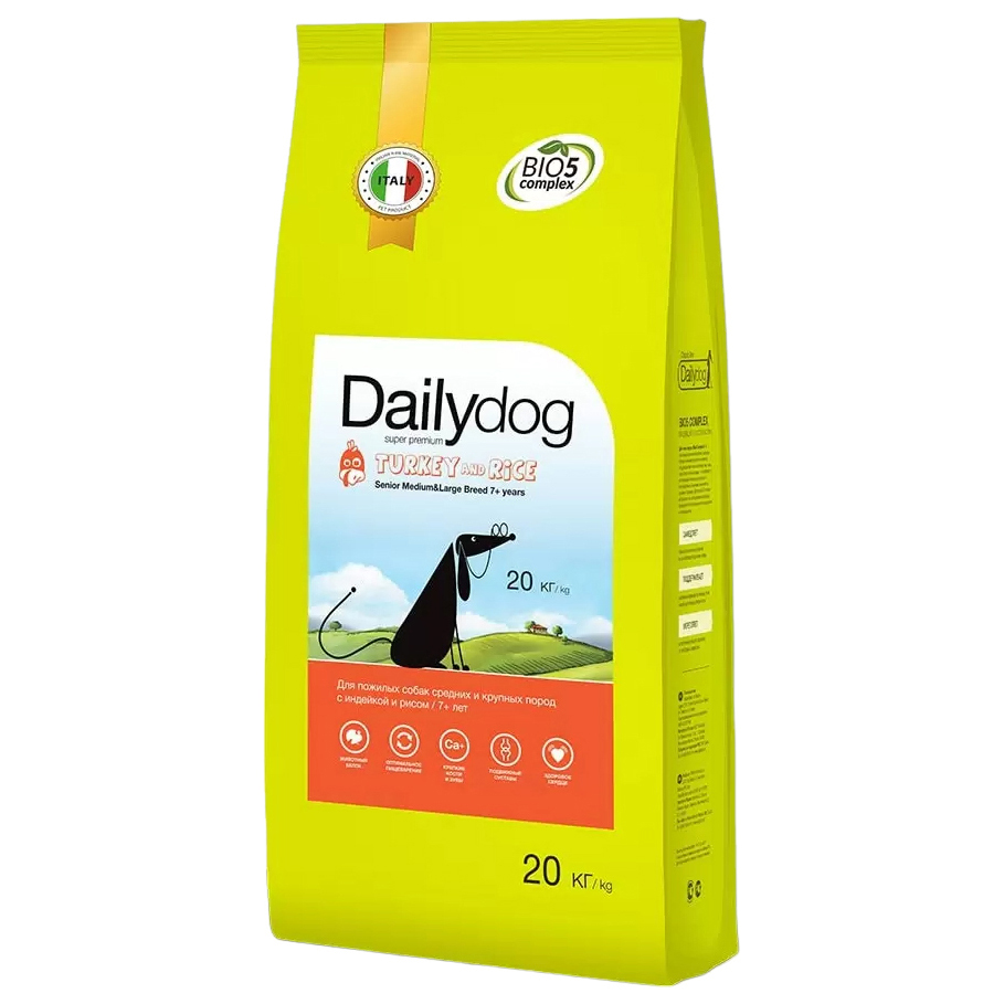 Сухой корм для собак Dailydog Senior Medium Large Breed, для пожилых, индейка и рис, 20кг