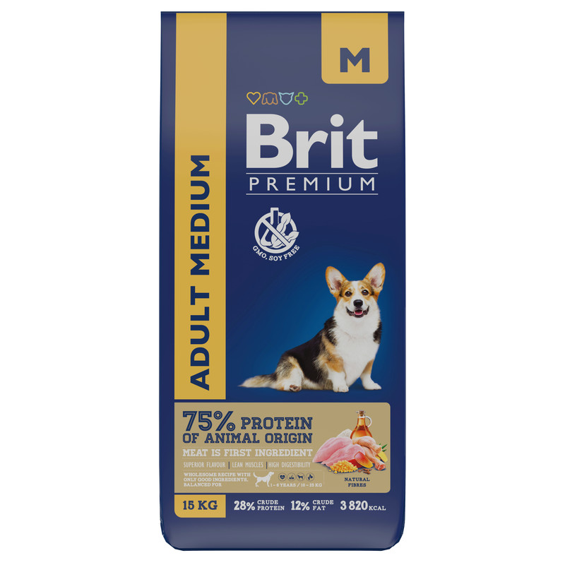 фото Сухой корм для собак brit premium by nature adult m, для средних пород, курица, 15кг