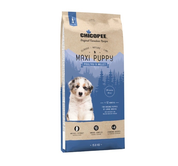 Сухой корм для щенков Chicopee Classic Nature Line Maxi Puppy Poultry&Millet, птица, 15кг