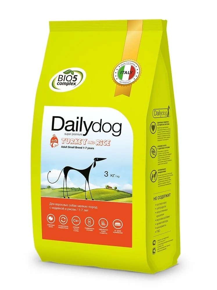Сухой корм для собак Dailydog Adult Small Breed, для мелких пород, индейка и рис, 3кг