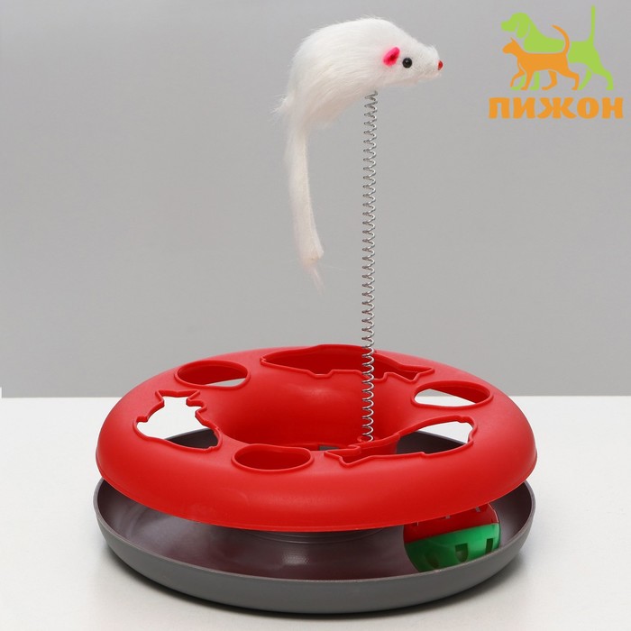Игрушка для кошек Пижон Загадочный круг - Рыбки, мышь на пружине и шарик, 23х7 см