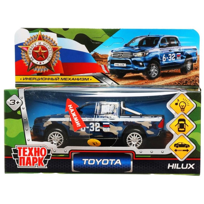 

Машина металлическая Toyota Hilux, 12 см, световые и звуковые эффекты, двери, цвет синий к