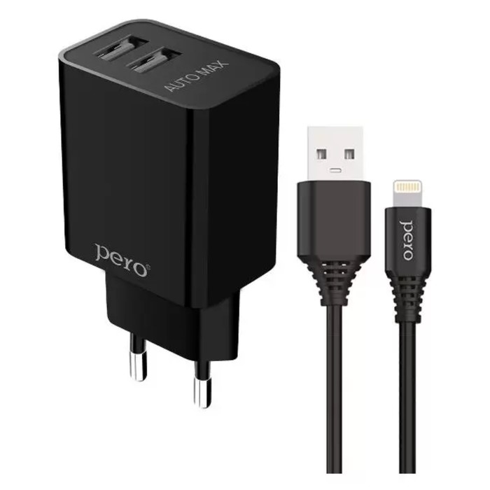 

Сетевое зарядное устройство PERO TC02, 2 USB, 2.1 А, кабель Lightning, черный