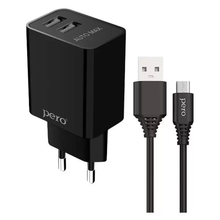 

Сетевое зарядное устройство PERO TC02, 2 USB, 2.1 А, кабель Micro USB, черный