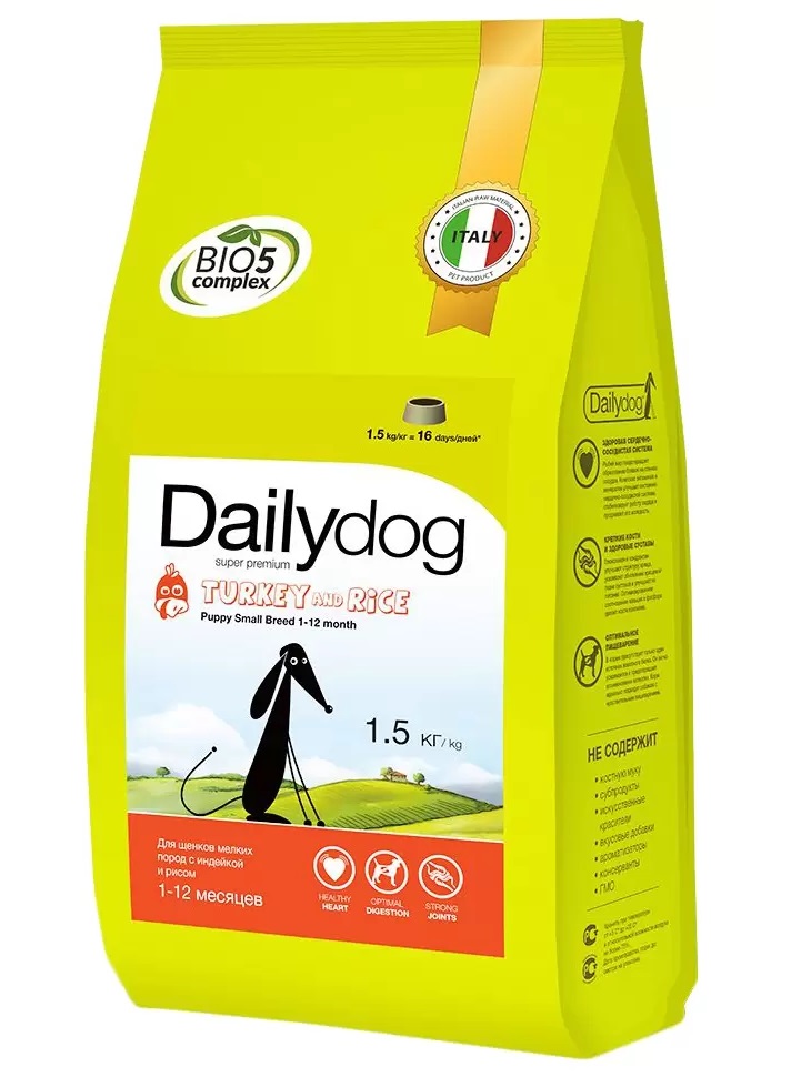 Сухой корм для щенков Dailydog Puppy Small Breed, для мелких пород, индейка и рис, 1,5кг