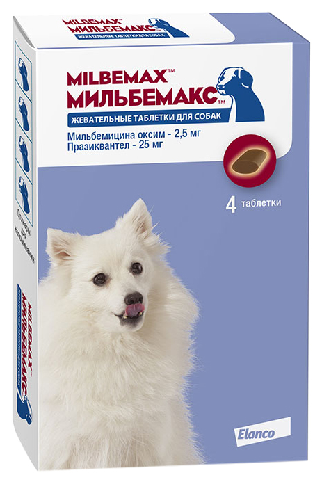 

Антигельминтик для собак Elanco Мильбемакс в виде жевательных таблеток 2,5/25мг 4таб