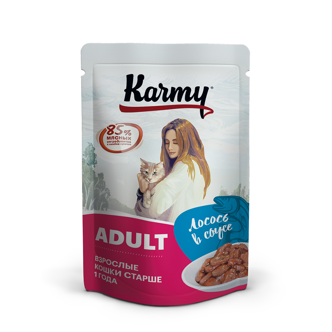 фото Влажный корм для кошек karmy adult, лосось в соусе, 24шт, 80г