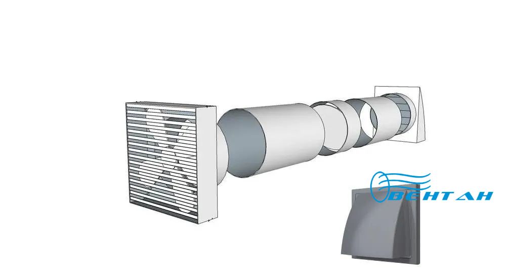 Вентилятор вытяжной ВЕНТАН 100 мм, стена до 0,5 метра (комплект) Вентан-100/0,5/СЕР