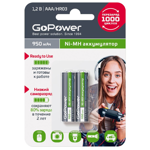 Аккумулятор предзаряженный RTU GoPower HR03 AAA BL2 NI-MH 950mAh - 2шт. аккумулятор gp aaa hr03 850mah 2bl арт 162626