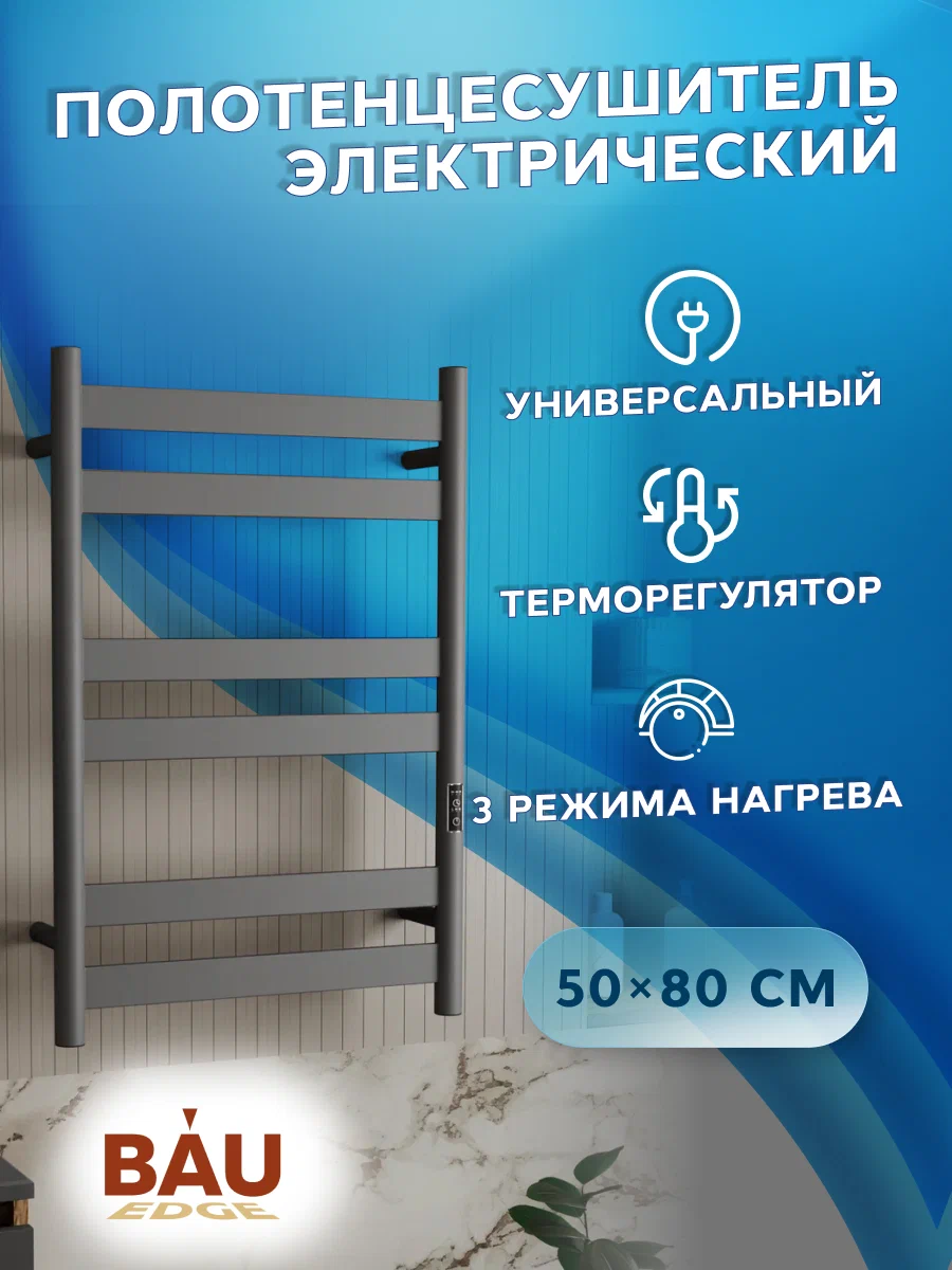 

Полотенцесушитель дизайнерский электрический, профильный BAU Mix Gun Grey 50х80, 6 планок, 25