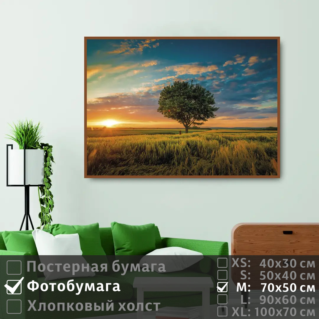 

Постер на фотобумаге ПолиЦентр Дерево в поле на закате 70х50 см, ДеревоВПолеНаЗакате