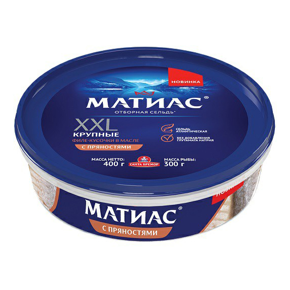 

Сельдь Санта Бремор Матиас XXL филе-кусочки в масле с пряностями 400 г