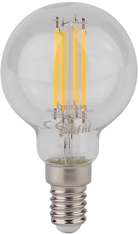 

Лампа светодиодная LED 5Вт E14 CLB60D тепло-бел, Filament диммируемая,прозр.шар 4058075230