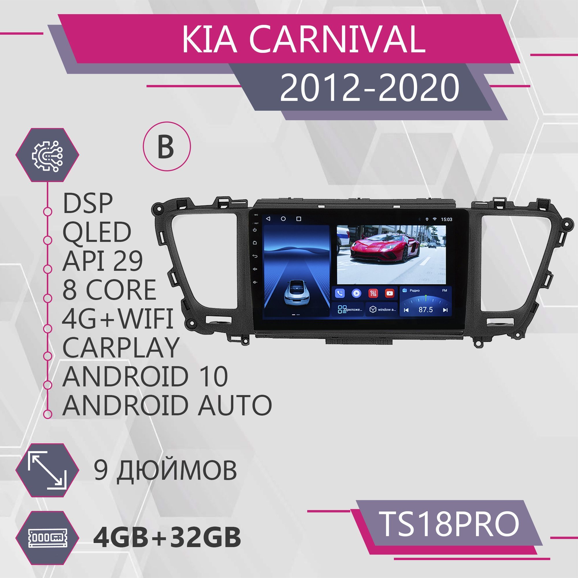 Магнитола Точка Звука TS18Pro для Kia Carnival Киа Карнивал комплект В 432GB 2din 1999900₽