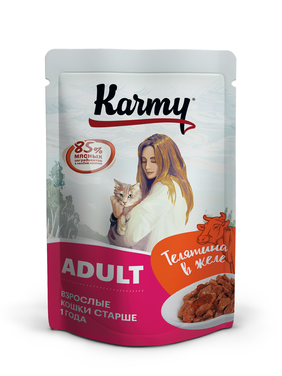 фото Влажный корм для кошек karmy adult, телятина в желе, 24шт по 80г