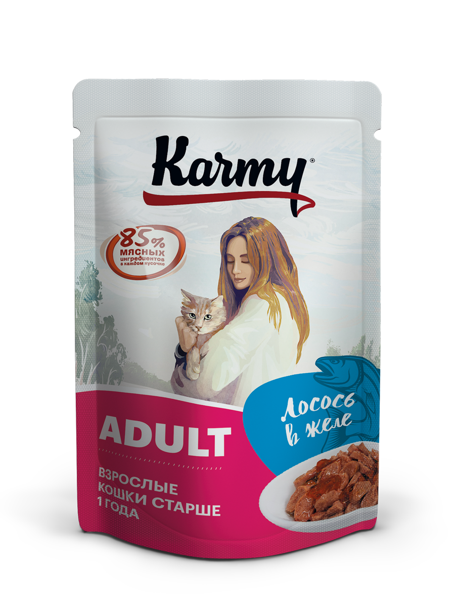 фото Влажный корм для кошек karmy adult, лосось в желе, 24шт по 80г