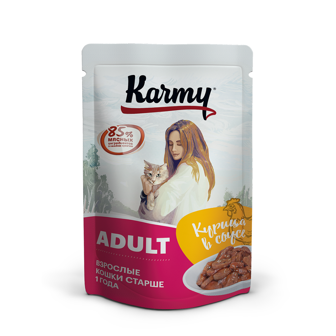 фото Влажный корм для кошек karmy adult, курица в соусе, 24шт, 80г