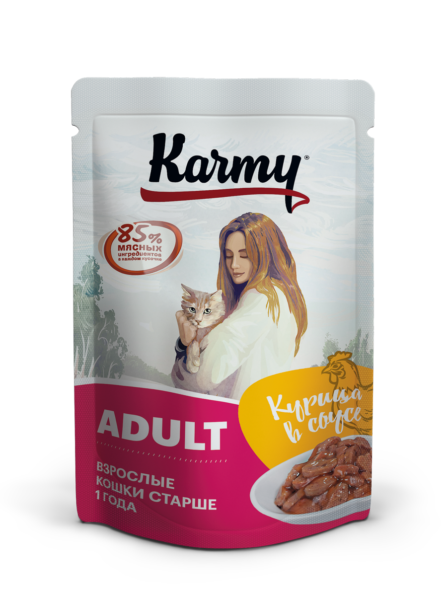 Влажный корм для кошек Karmy ADULT, курица в соусе, 24шт по 80г