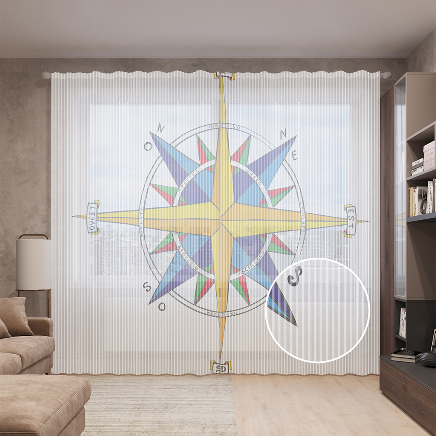 фото Тюль вуаль на шторной ленте с принтом joyarty "цветной компас", 310х265 см